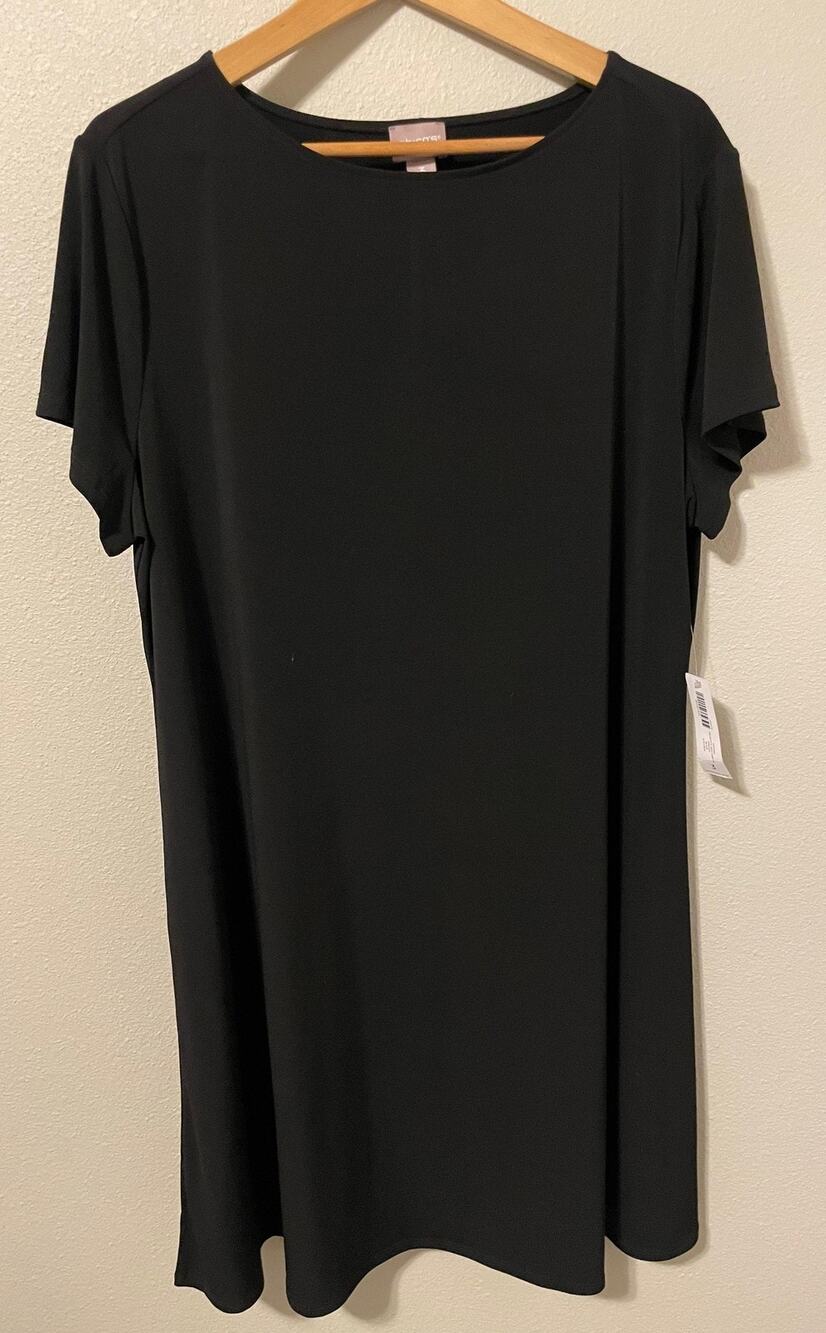 Chicos Dress Womens 3 US XL Black Solid Jersey Slinky Knit Shift Knee Length NEW